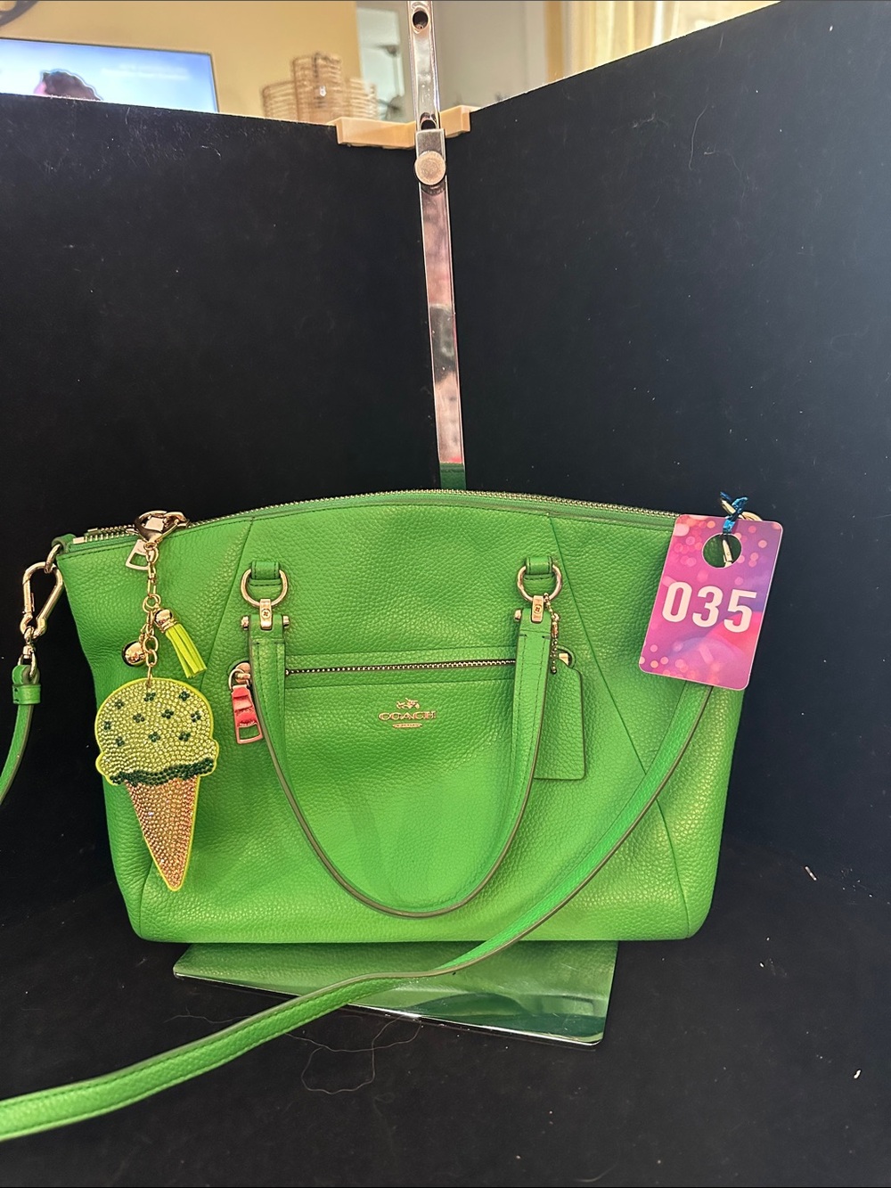 Coach #035 Bright Green Leather Shoulder Satchel with Ice Cream Charm